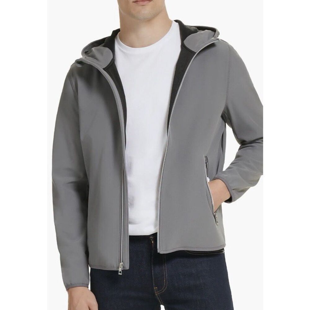 Guess NWT Soft Shell Solid Hooded Zip Up Jacket Charcoal Large